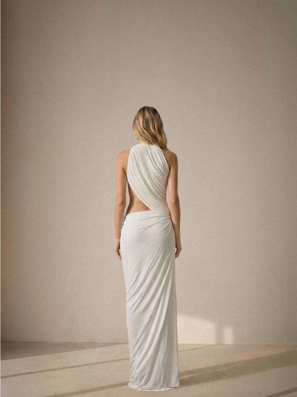 Draped Halter White Maxi Dress with Side Cutout